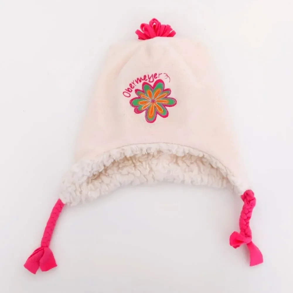 Girl's Obermeyer Fleece Cream Winter Snow Hat w/Pink Flower and Sherpa Interior